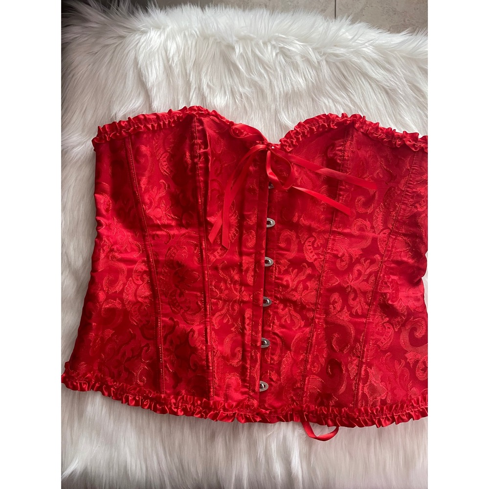 Women Red Victoria Style Satin Bustier Corset Floral Brocade Ruffled Trim 4XL